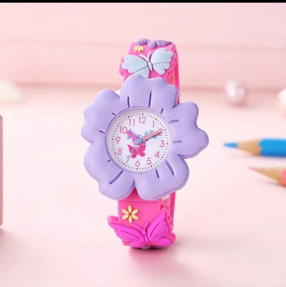 Girls Watch Flower & Butterfly Quartz  Pink w Purple Flower Face